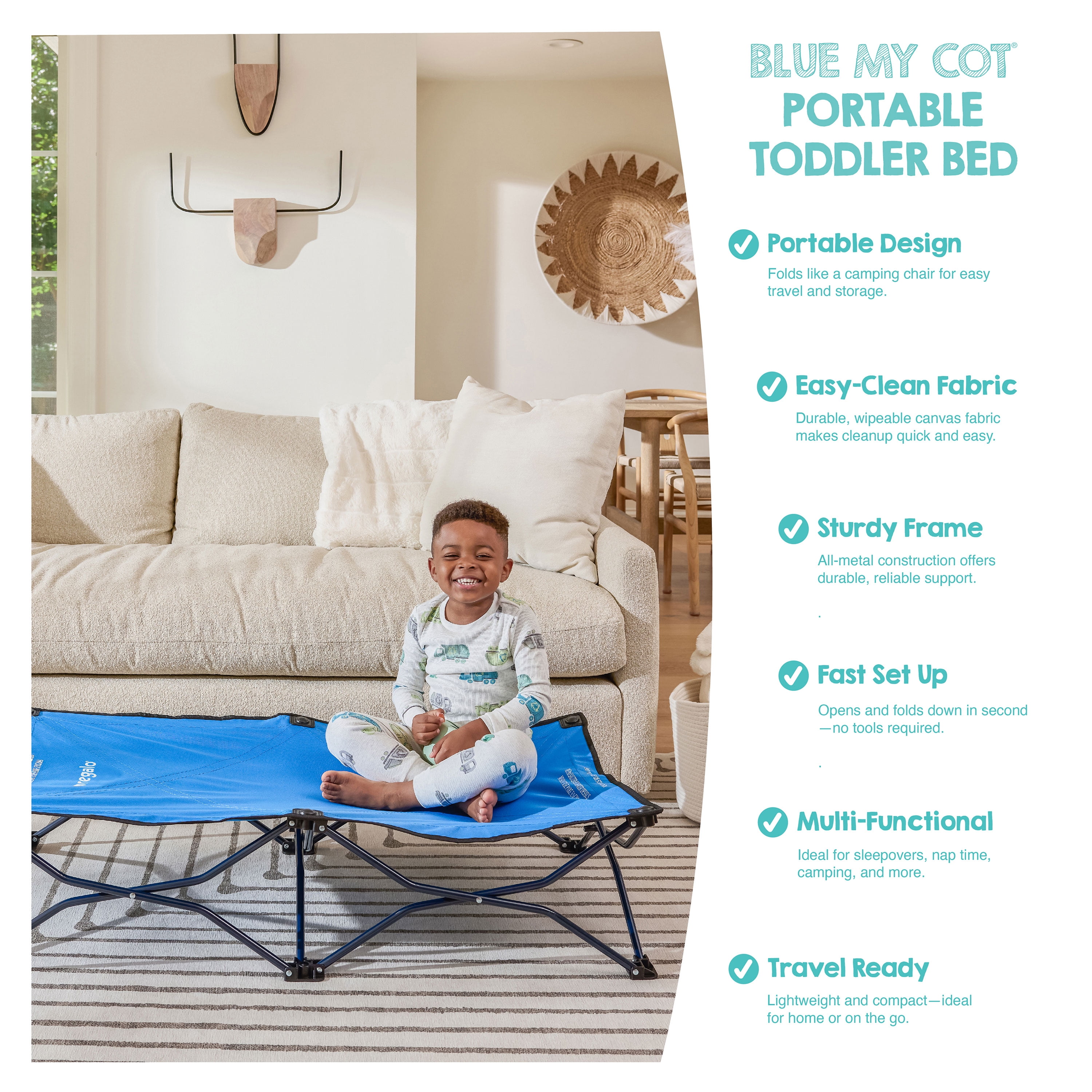 Regalo My Cot Portable Toddler Bed, Lightweight Foldable Travel Bed for Kids, Blue