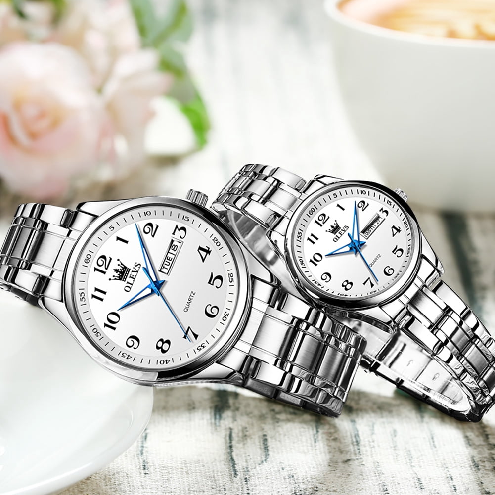 OLEVS Valentines Couple Pair Quartz Watches Luminous Calendar Date Window 3ATM Waterproof, Casual Stainless Steel His and Hers Wristwatch for Men Women Lovers Wedding Romantic Gifts Set of 2