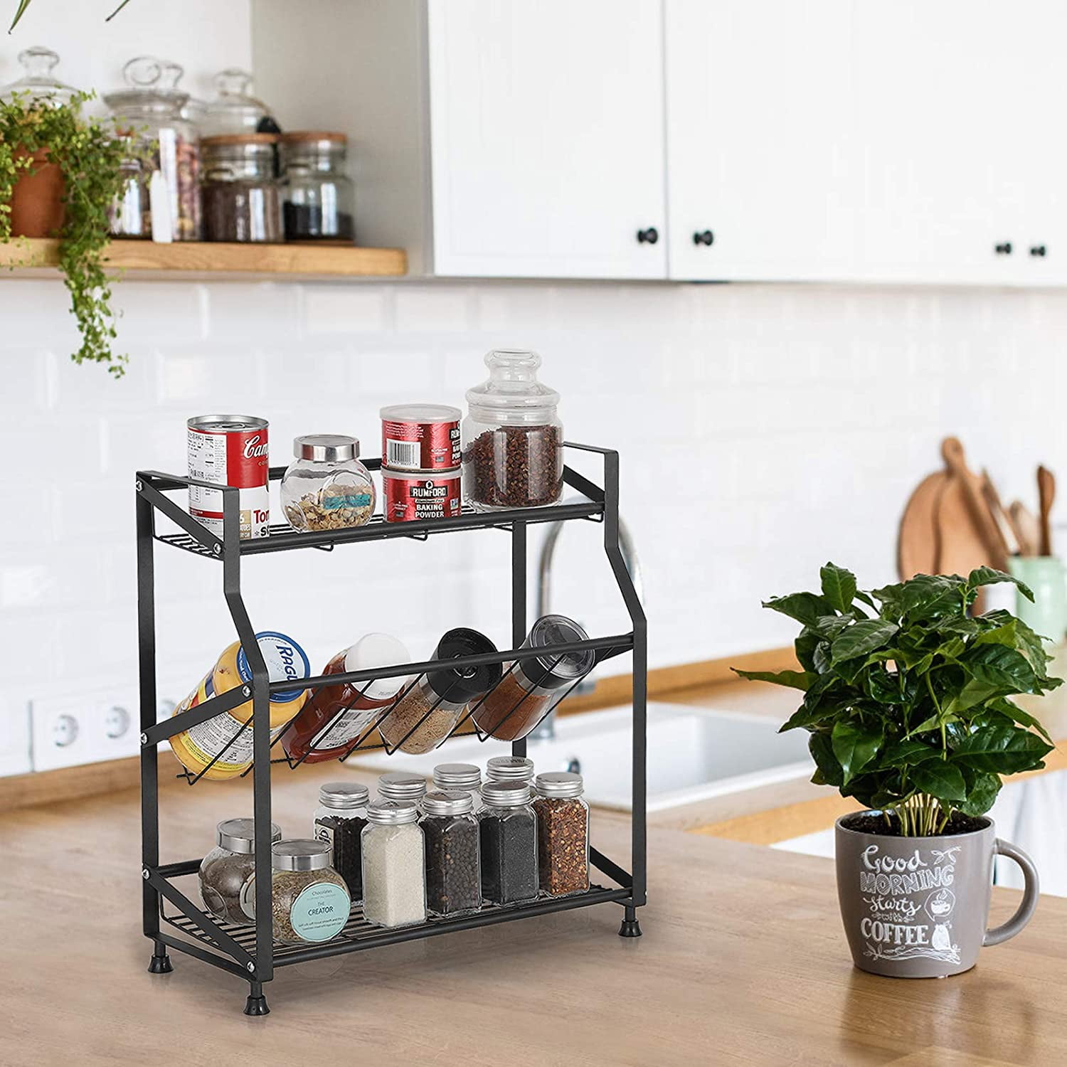 Oumilen 3 Tiers Spice Rack Organizer Freestanding Kitchen Metal Spice Holder Storage, Black
