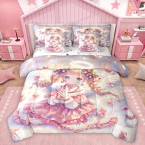 Homewish Kawaii Anime Girls 7-Piece Bedding Comforter Set,Christmas Flower King Bedding Sets,Pink Gold Bed Sheets For Kids,Super Cozy Room Decor Reversible