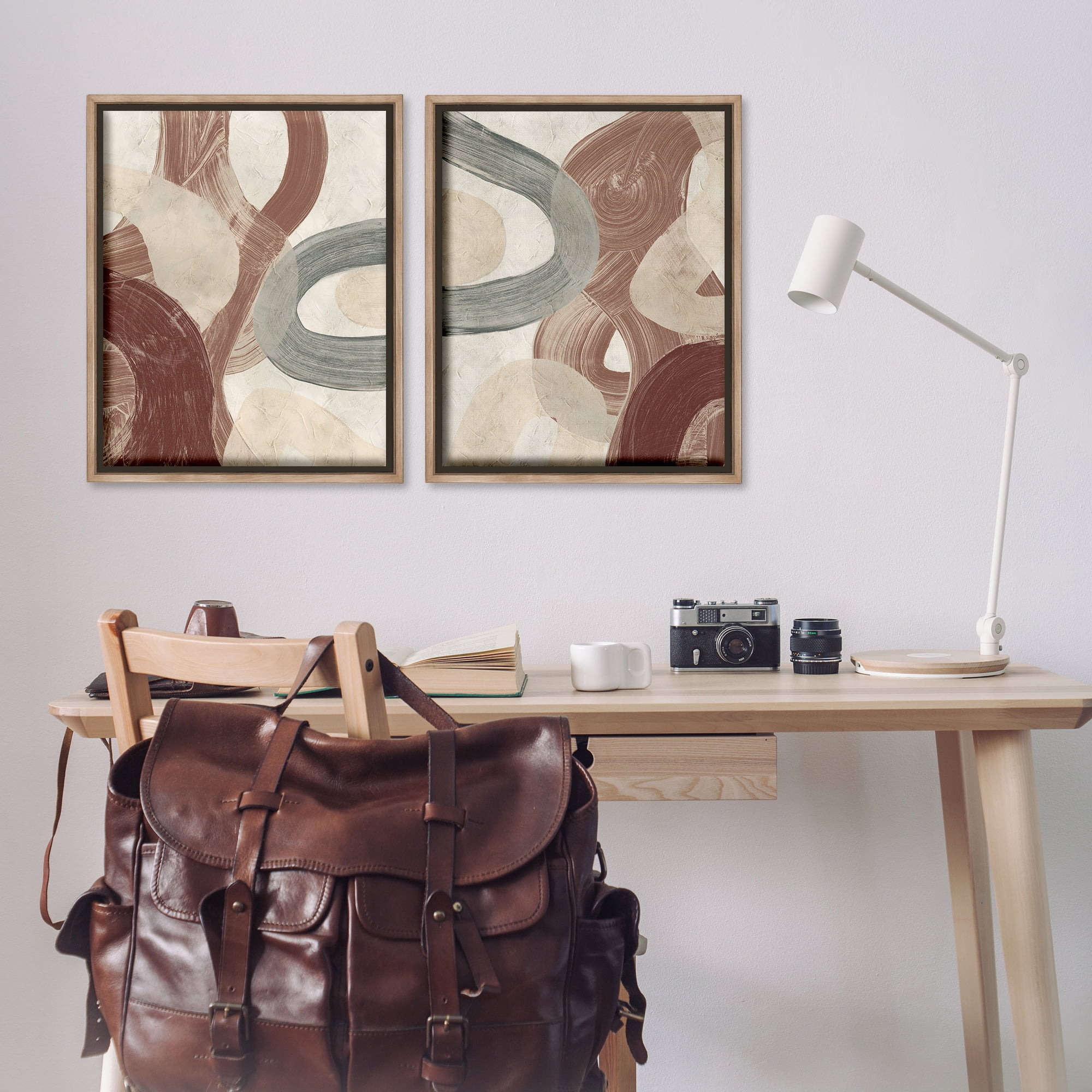 Stupell Industries Curvy Abstract Swirls Abstract Painting Brown Floater Framed Canvas Art Print Wall Art, 31 x 25, Set of 2