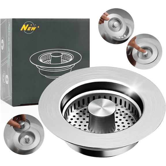 Upgraded 3 in 1 Kitchen Sink Drain Strainer,Pop Up Sink Stopper with Copper Bounce Core,Stainless Steel Material,Fit US Standard 3-1/2'' Sink Drain Hole(1Pack)