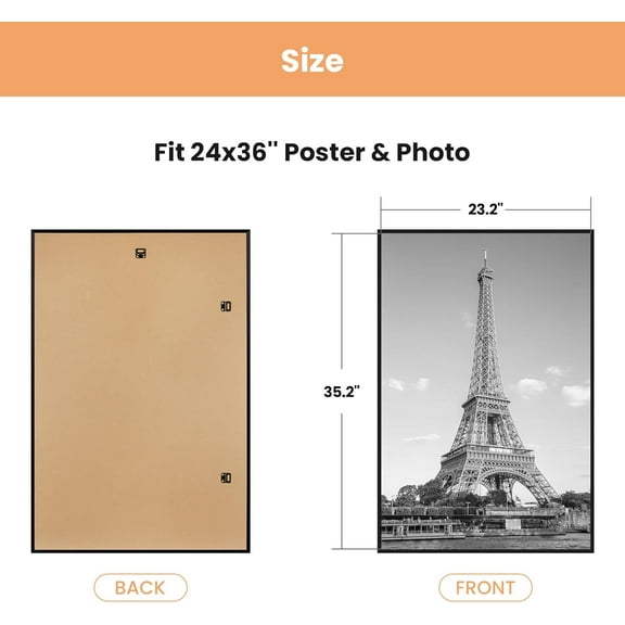 24x36 Poster Frame Black 3 Pack, Scratch-Proof Picture Frames for Photo Gallery - Slide-In Strips, Horizontal or Vertical Wall Mounting