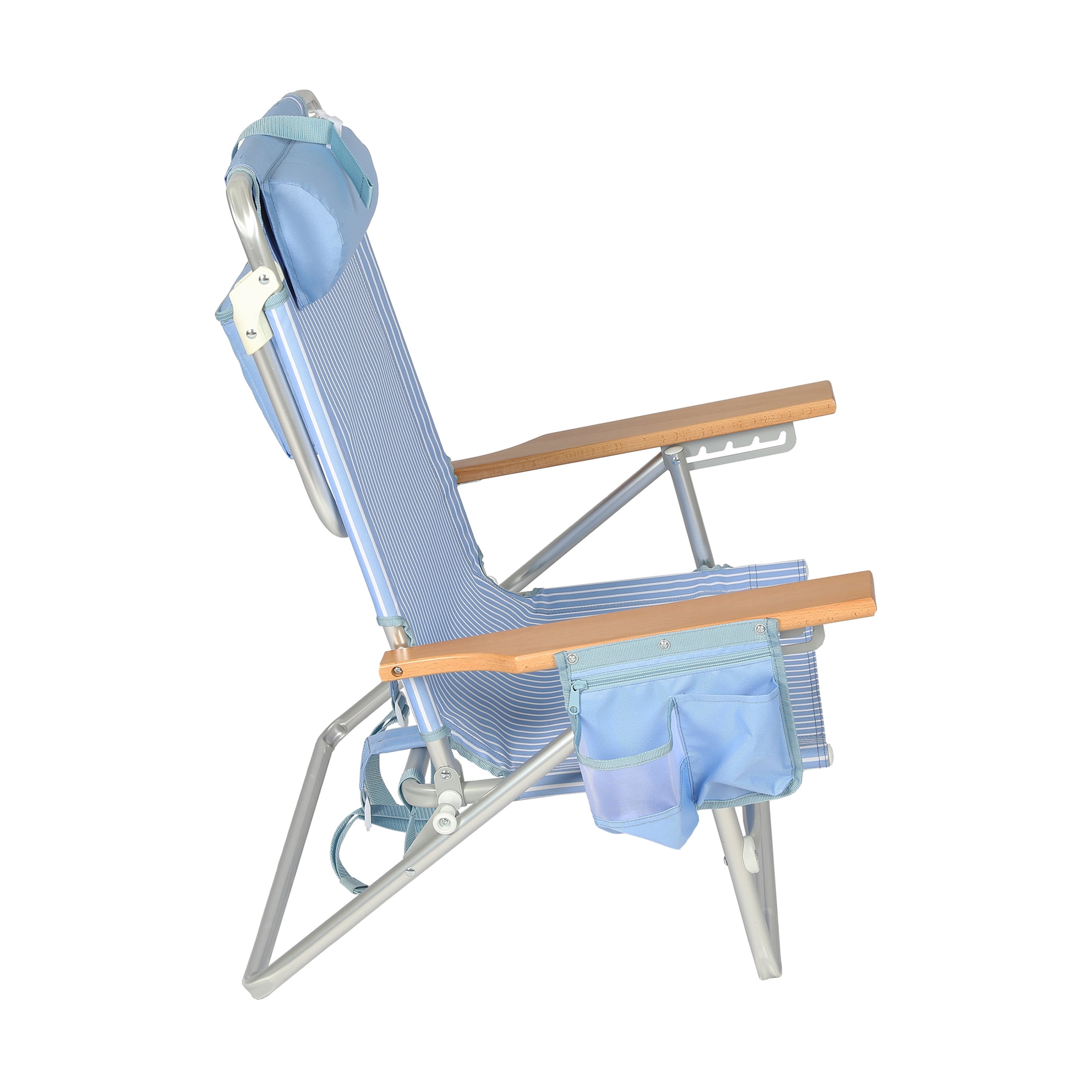 Mainstays Reclining Beach Chair with Backpack Straps and Wooden Armrests, Thin Blue Stripe