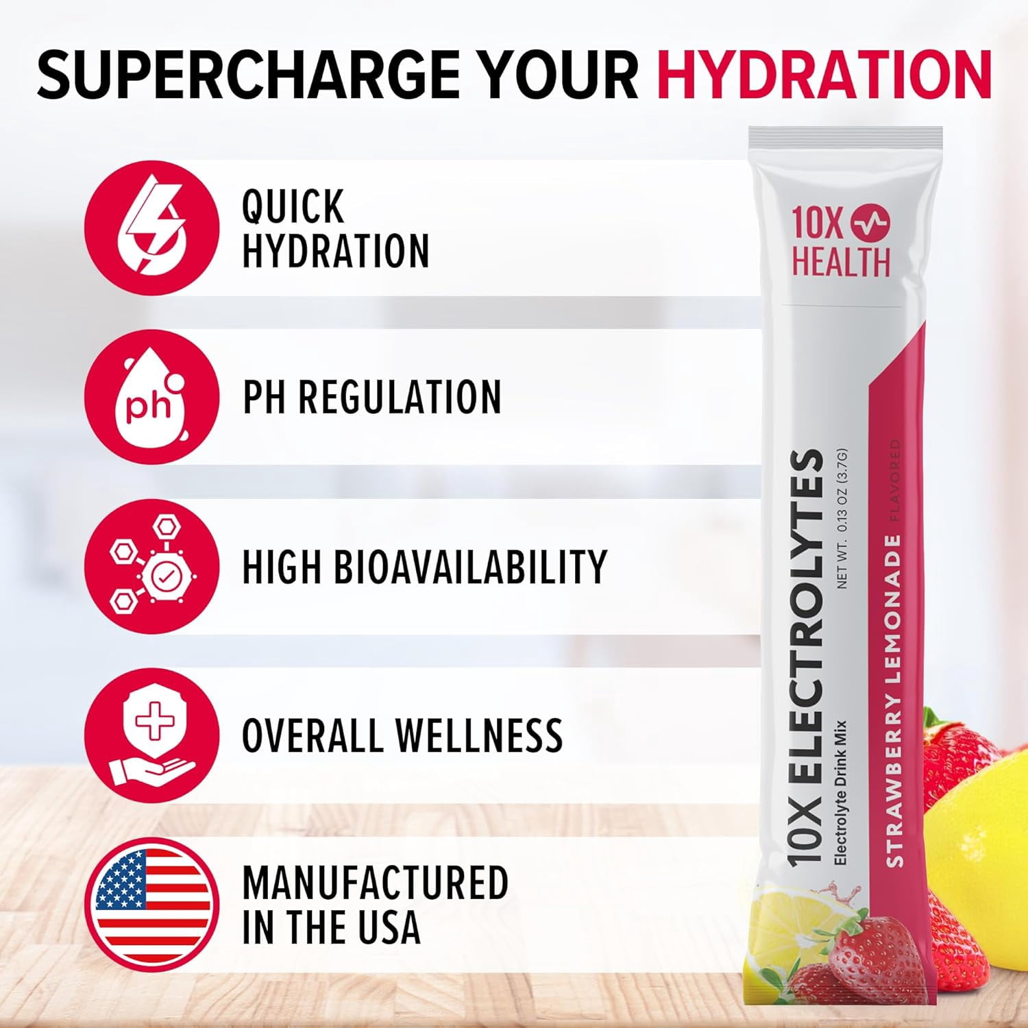 10X Health Electrolytes Powder Drink Mix, Strawberry Lemonade, Sugar-Free, with Potassium, Magnesium, Sea Salt, Non-GMO, 30 Stickpacks