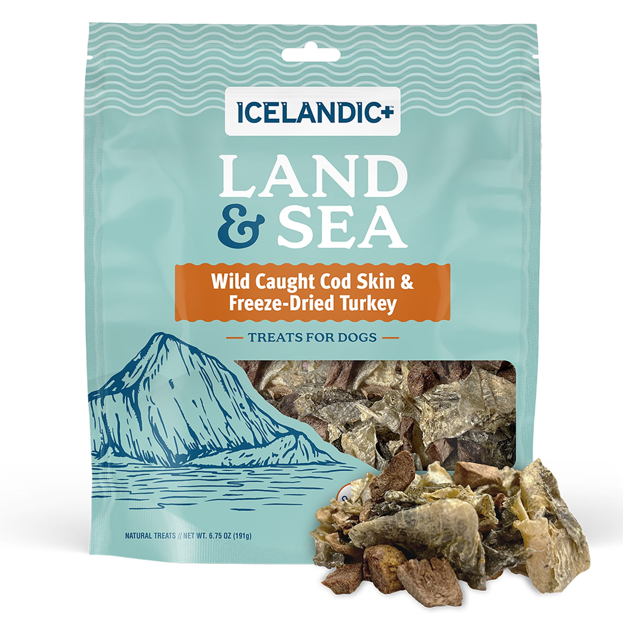 Icelandic+ Land & Sea Wild Caught Cod Skin & Freeze-Dried Turkey - 6.75oz Bag, Dog Treat & Food Topper, 2 Ingredients, No Preservatives, All Natural