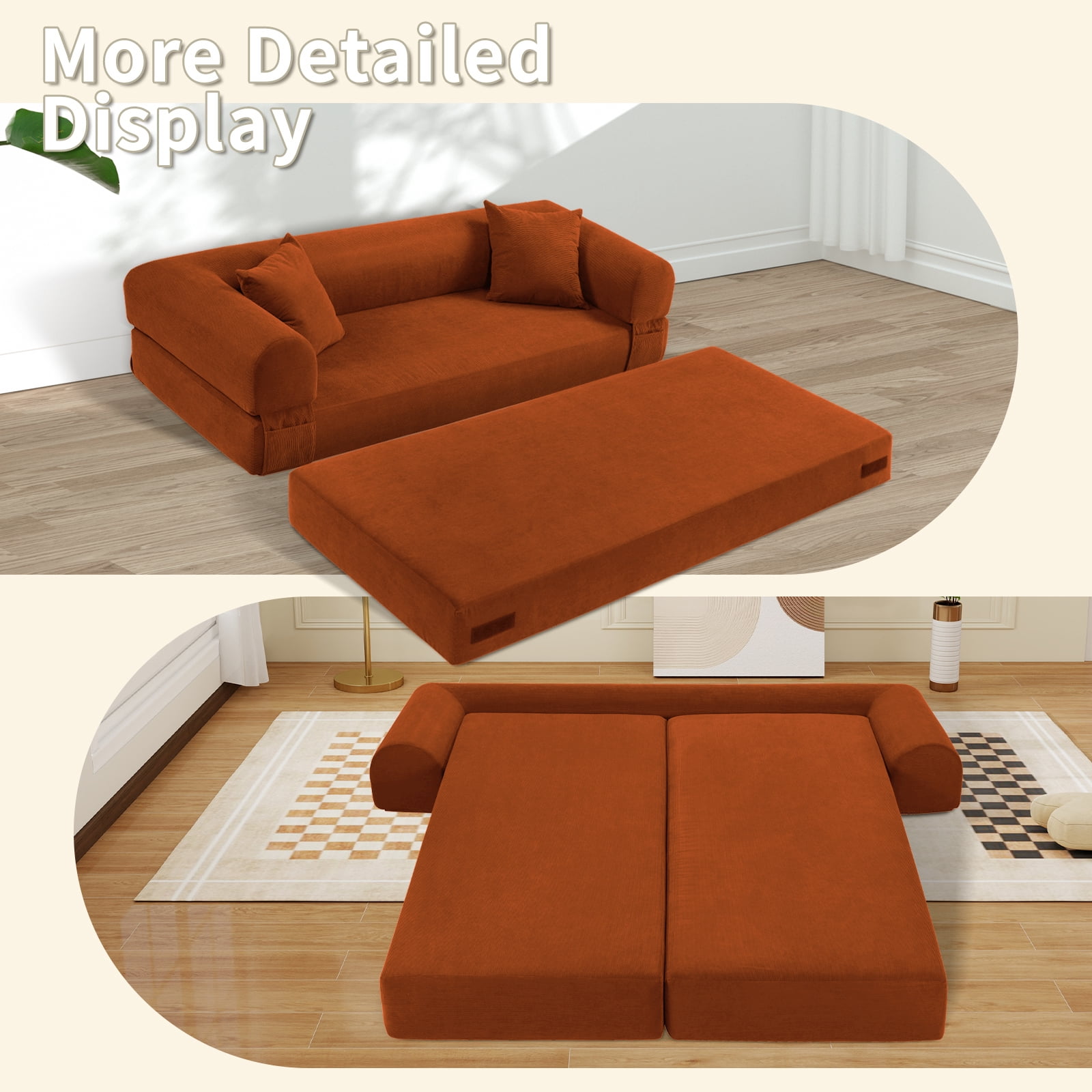 3 in 1 Convertible Sofa Bed, 80" Corduroy Folding Pull Out Couch with 2 Pillows, Floor Sofa with Side Storage for Living Room, No Assembly Modern Boneless Couch Compression Sofa, 35.4"W
