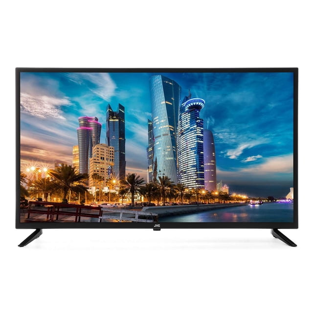 tv 40 pulgadas jvc si40f full hd basico led pantalla LED 40" negra, vista frontal centrada con patas en V y bisel estrecho; panel según título Full HD, cuenta con 2 entradas HDMI y 1 puerto USB; muestra un paisaje urbano en la pantalla, adecuada para la habitación y a menudo usada como pantalla secundaria para consolas o streaming.