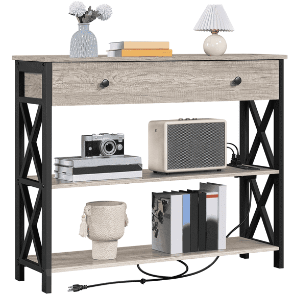 Yaheetech Vintage Wooden Console Table with Power Outlet for Home Living Room, Gray