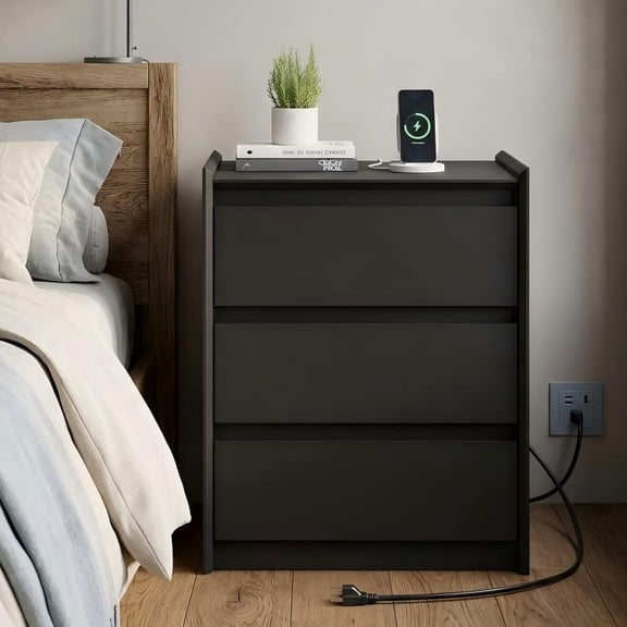 YAURA Black Nightstand with Charging Station, 24" Tall 3 Drawer Modern Bedside Table with Tray Top, USB & Type-C Ports and AC Outlets for Bedroom or Living Room