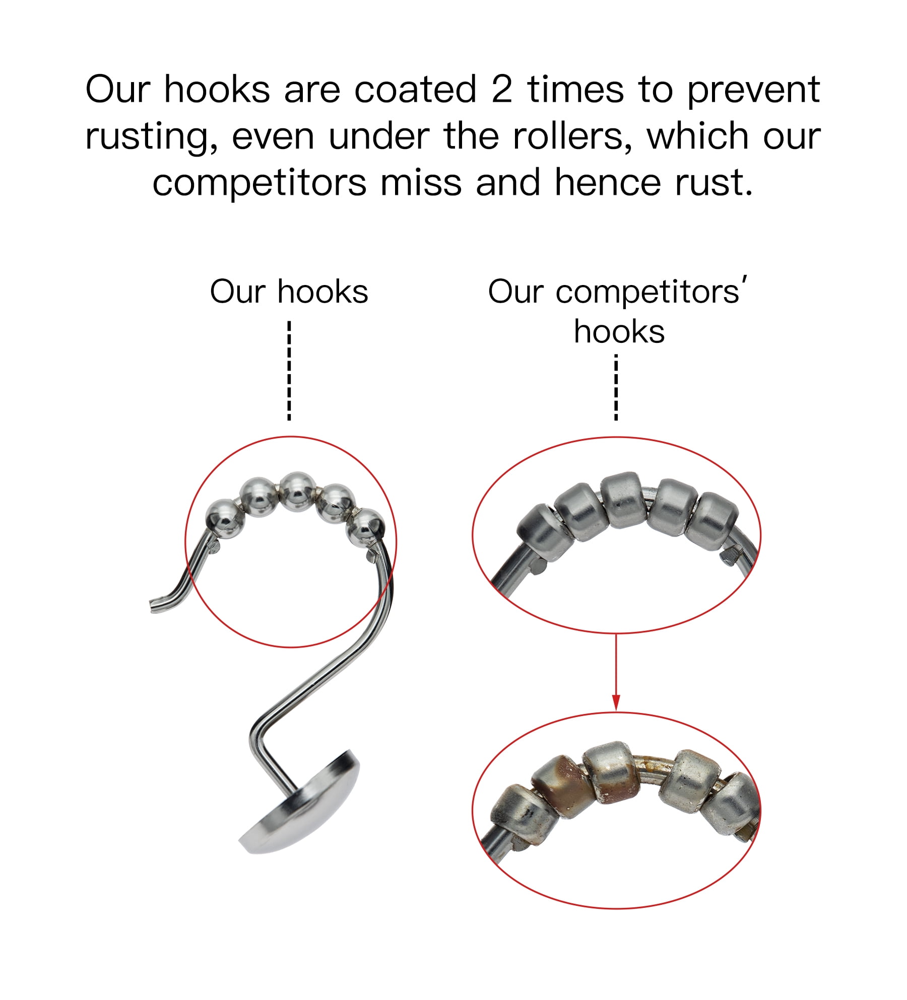 Utopia Alley Shower Hooks - Shower Curtain Rings for Bathroom - Rust Resistant Roller Shower Curtain Hooks for Shower Curtain or Liner - Set of 12, Brushed Nickel