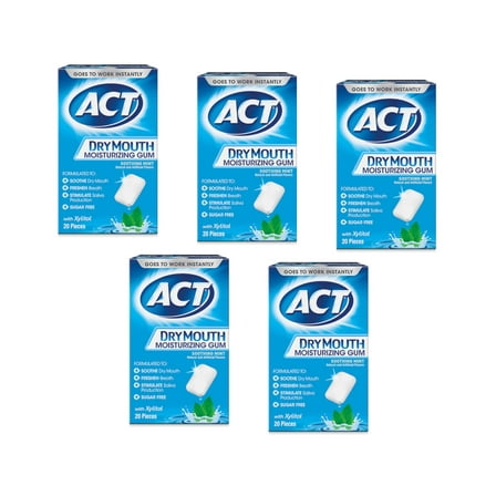 5 Pack ACT Dry Mouth Moisturizing Gum, Sugar-Free, Soothing Mint, 20 Count each