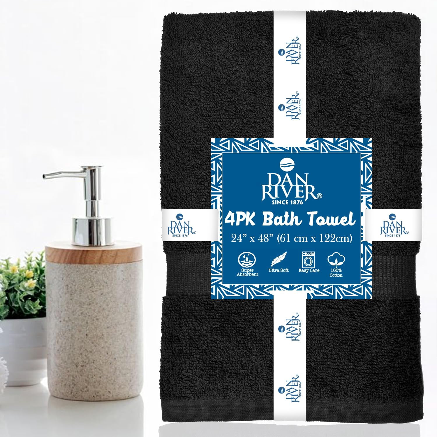 Dan River Bath Towel 6 pack 24x48 in Ultra Soft Quick Drying Cotton Towel - Black