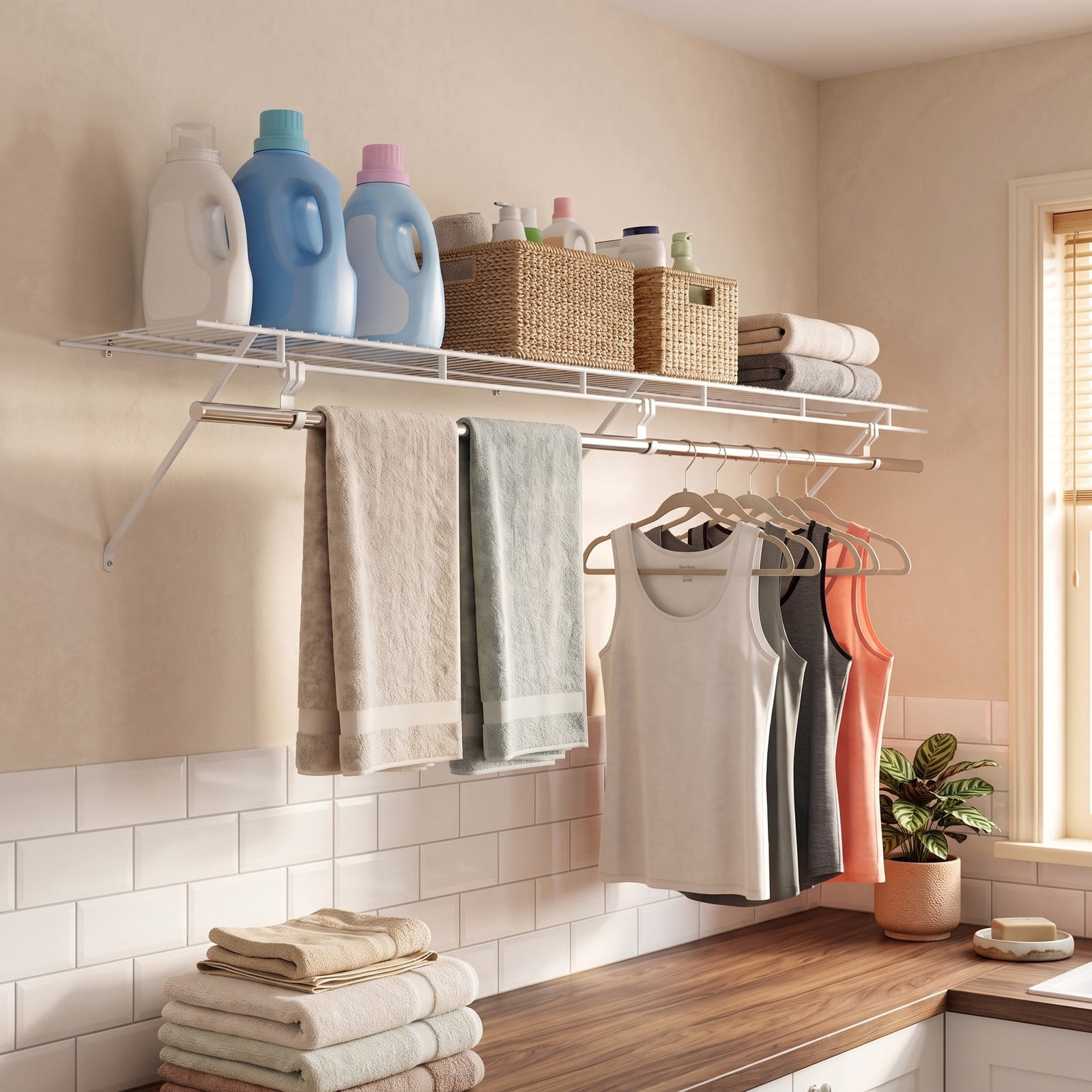 Furnibear 72 Inch Wall Mounted Closet Shelf with Integrated Hanging Rod for Laundry Room and Bedroom Closet Storage Space, White