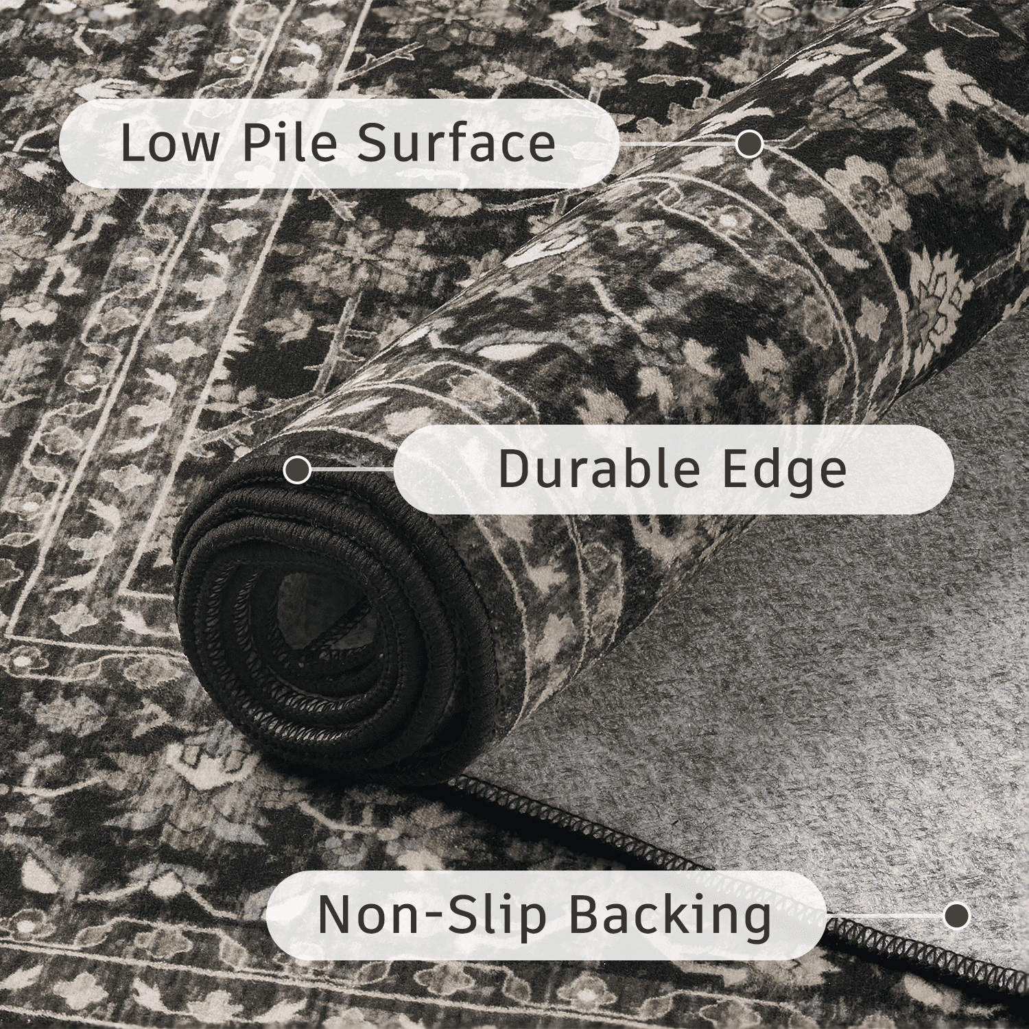 Floral 9x12 Area Rug, Machine Washable, Soft Vintage Floral Rug Non Slip Stain Resistant for Living Room -Black