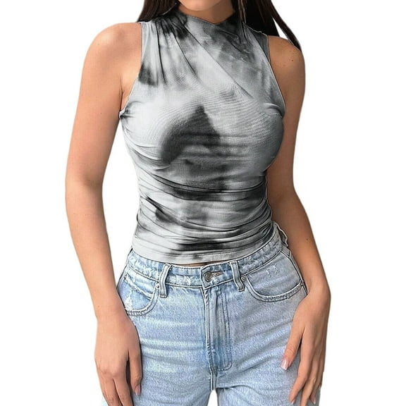 Womens Summer Floral Mesh Sleeveless High Neck Ruched Slim Fitted Casual Tank Top Going Out Tops Gray Black S