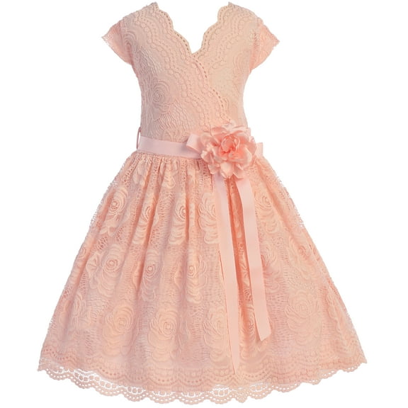 Little Girl Cap Sleeve V Neck Flower Border Stretch Lace Corsage Belt Flower Girl Dress (20JK66S) Blush 6