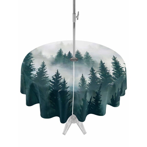 Outdoor Tablecloth with Umbrella Hole for Patio/Picnic/Party/Camping, Dark Green Pine Forest Waterproof Table Cloth Round Cover Washable, Misty Tree Clouds Nature (Dia 54")
