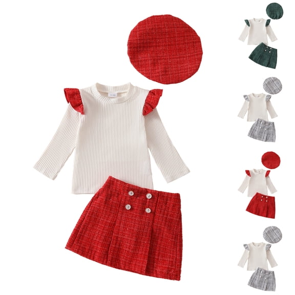 Swuxness Girls' Casual Long Sleeve Two Piece Sets, Kids Fall Short Skirt Sets, Girls Plaid Knit Dress Set with Beret Round Neck Top and A Line Skirt Outfit Green, 18-24 Months