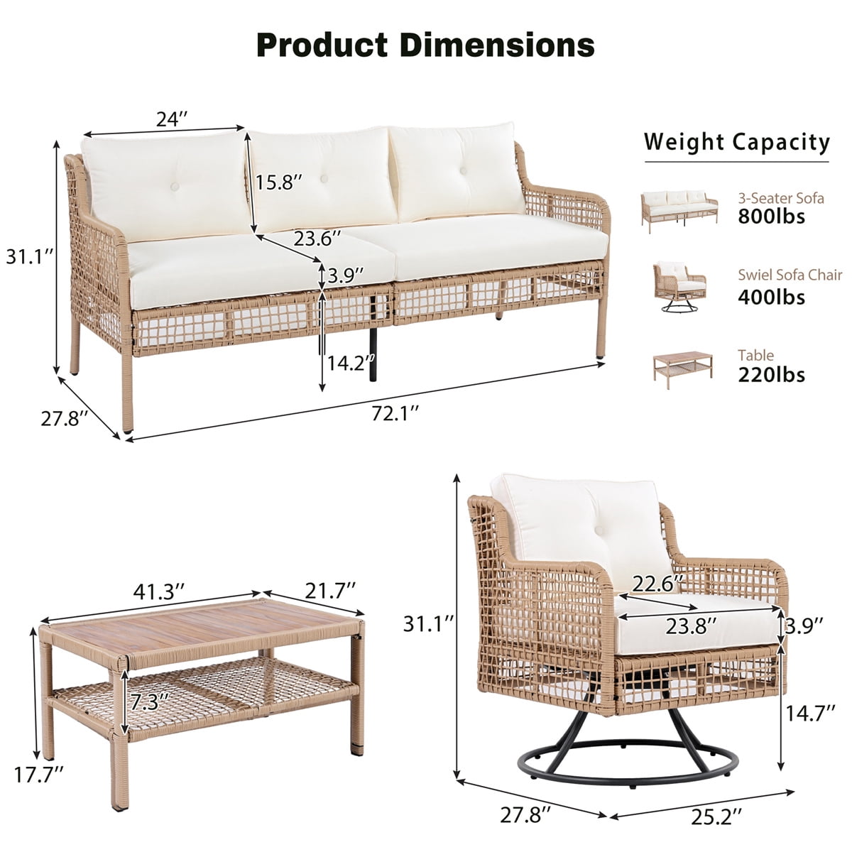 HighSound Patio Furniture Set, 5 Piece Outdoor Conversation Set with Rocking Swivel Chairs, Wicker Rattan Outdoor Sofa Set with Coffee Table for Backyard, Deck, Porch, Beige Cushions