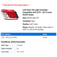 thumbnail image 2 of Left Outer Tail Light Assembly - Compatible with 2010 - 2012 ES350 Sedan 2011, 2 of 2