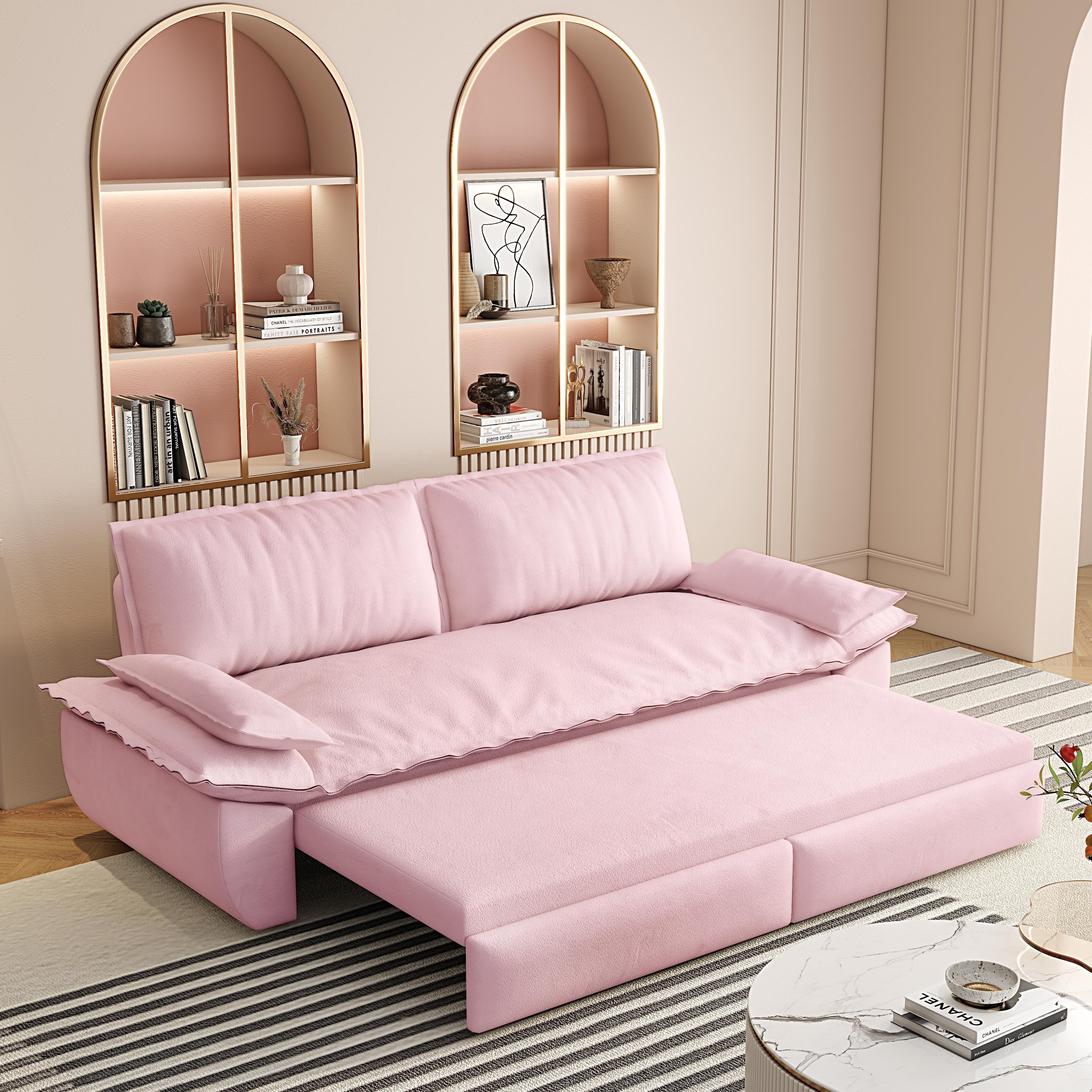 73.2-inch Queen Pull Out Sofa Bed, 3-in-1 Convertible Sleeper Sofa with Velvet Upholstery, Multi-Functional Loveseat Bed for Living Room and Guest Room, Pink