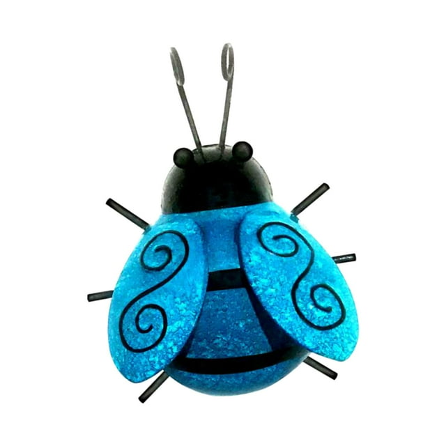Escultura de pared colgante de metal con diseño de mariquitas para jardín, ideal para patio exterior y patio trasero. Azul