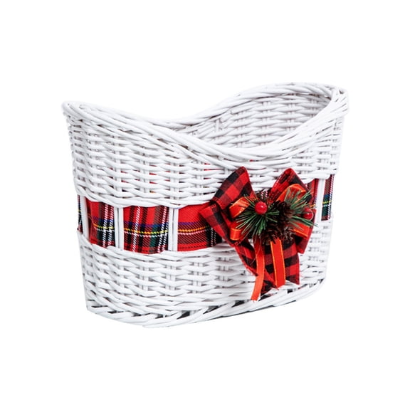 2026 Christmas Indoor Home Decor White Wicker Christmas Storage Basket With Plaid Bow Decor Curved Open Weave Basket For Holiday Gift Organizer Tabletop Decor