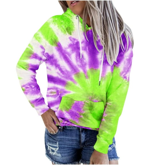 QQAMB Women Sweatshirts Tie Dye Hoodie Gradient Print Sweatshirt Casual Loose Trendy Long Sleeve Drawstring Pullover Green 2XL