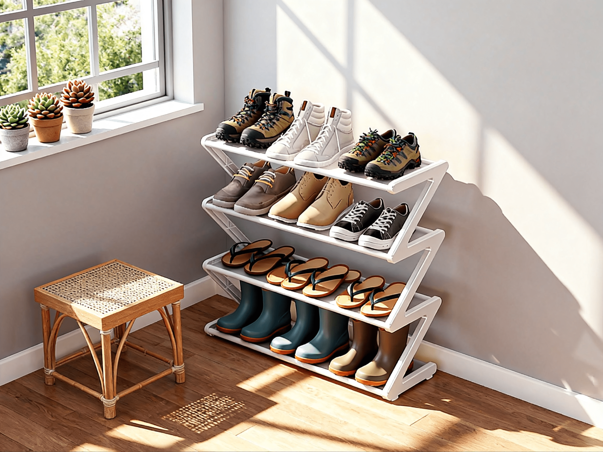 -Use Shoe Rack with Z-Shaped Layer Assembly for Home and Dormitory Storage Sturdy Polyester Construction Non- Space-Saving Organizer and Display Shelf