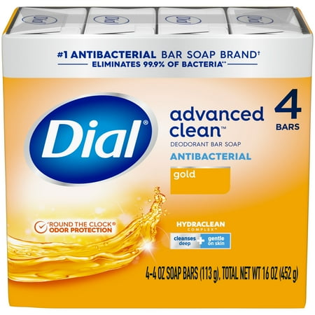 Dial Antibacterial Deodorant Bar Soap, Advanced Clean, Gold, 4 Oz, 4 Bars