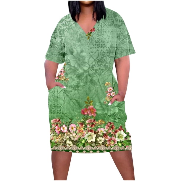Vestido Corto de Verano Moda Grande Impresión de Manga Corta Cuello en V Bolsillo Mini Vestido para Casual Y Diario