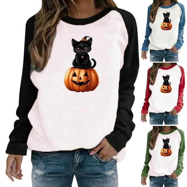 Sentmoon T-Shirts d'Halloween Surdimensionnés à Manches Longues Col Rond Chandails en Molleton Femmes Amples avec Imprimé Hauts Légers et Chauds Automne et Hiver pour Tissu Confortable et Respirant Vert TTTG