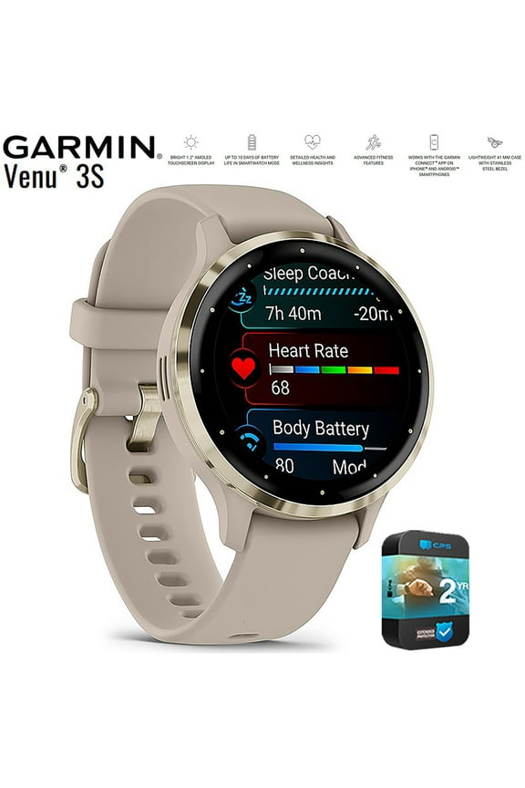 Restored Garmin 010-N2785-02 Venu 3S Health Fitness GPS Smartwatch Soft Gold Bezel / Gray Band 41mm (Refurbished) Bundle with 2 YR CPS Enhanced Protection Pack