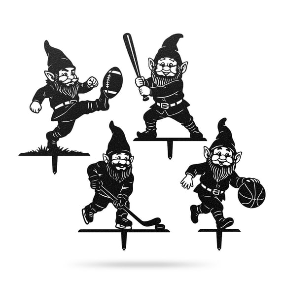 RealSteel Garden Sports Gnome Yard Stakes - 4 Pack Metal Garden Art (Black)