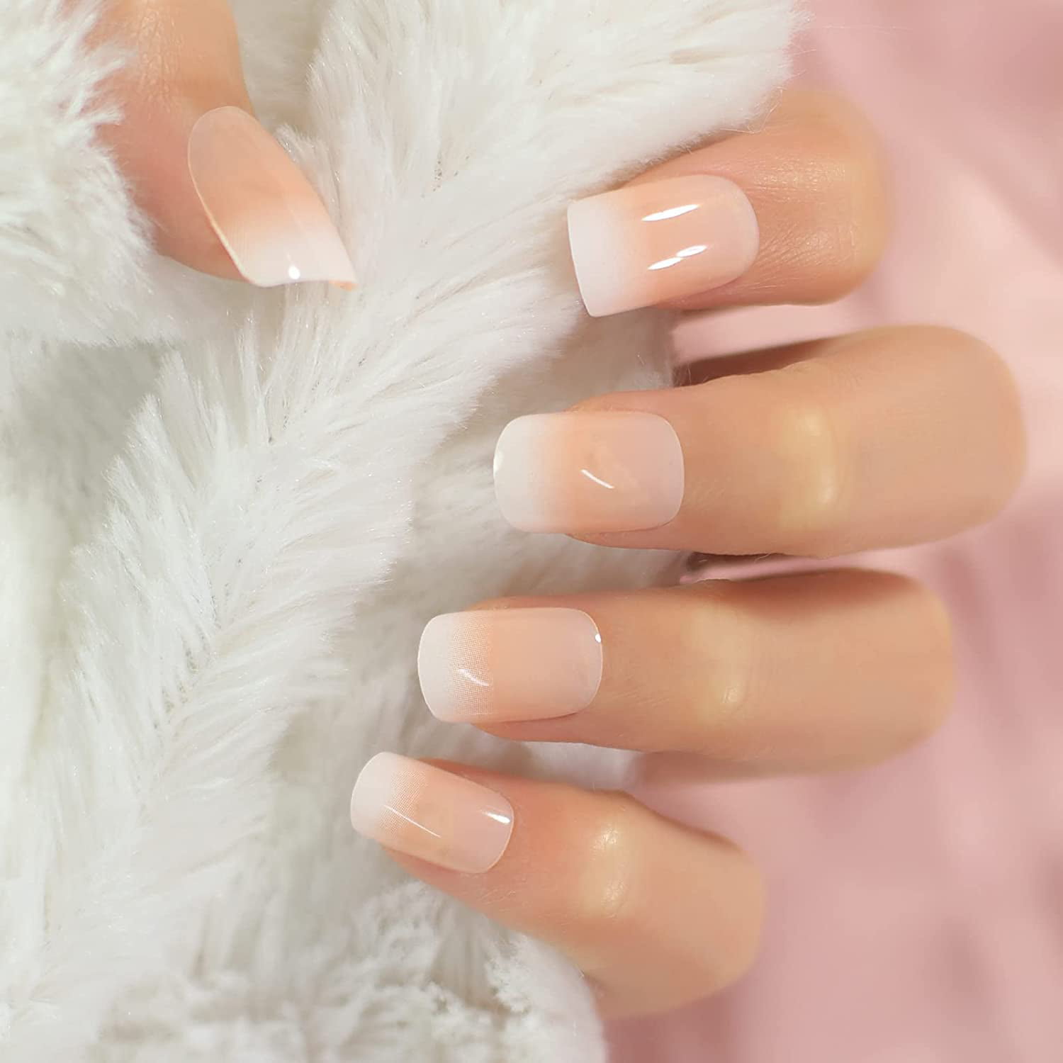 Natural Ombre Pink Nude White French False Nails Medium Squoval Gradient  Press on Nails Manicure Fake Nails Tips Daily Finger Wear 