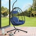 thumbnail image 2 of uhomepro Resin Wicker Hanging Egg Chair with Cushion and Stand, UV Resistant Outdoor Patio Hanging Egg Chair with Steel Frame, Heavy Duty Swing Chair Backyard Relax with Headrest Pillow, Dark Blue, 2 of 13