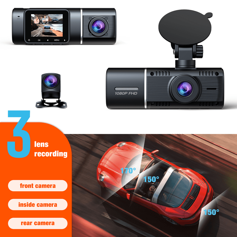 AXVOIBX 3 Channel 1080P Dash Cam Front and Rear Inside,32GB SD Card  Included Three Way Triple Car Camera,IR Night Vision Dash Camera for  Cars,Loop