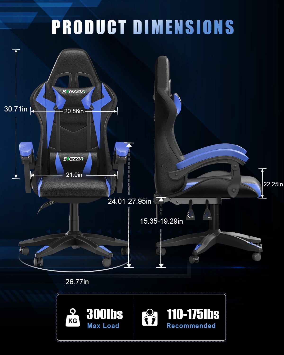 Bigzzia Gaming Chair Ergonomic Computer Chair with Lumbar Support and Headrest Blue