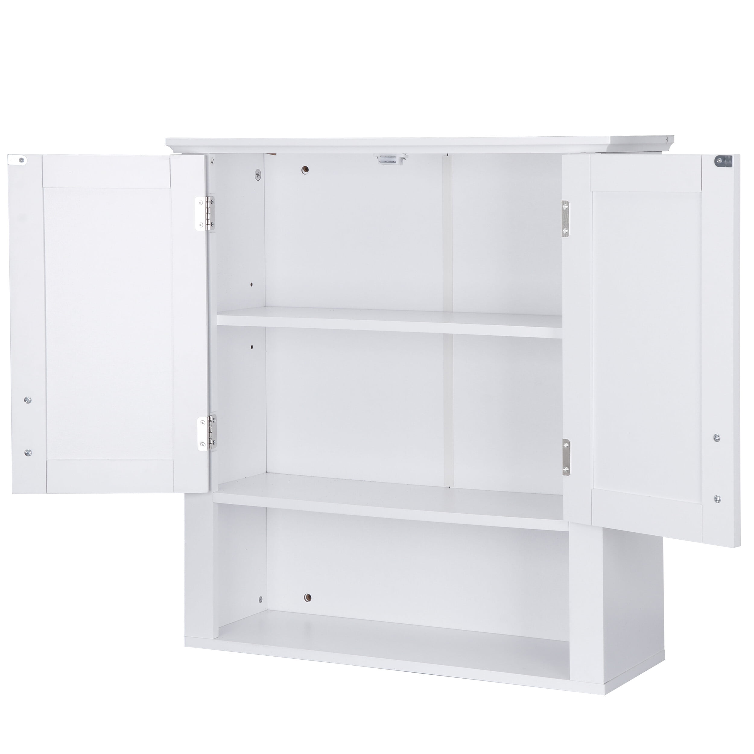Basicwise QI004608.WT Wall Mount Bathroom Cabinet Wooden Medicine Cabinet Storage Organizer Double Door with 2 Shelves, and Open Display Shelf, White