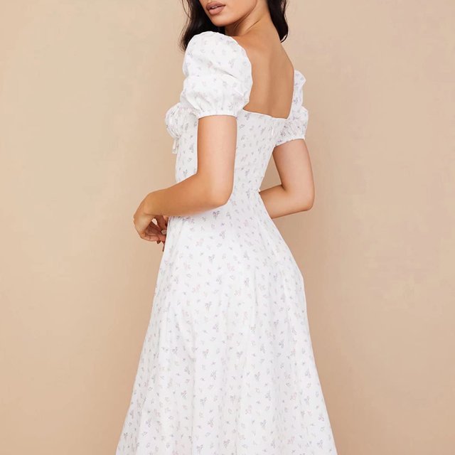 Vestido con Estampado Floral Para Mujer Correa en el Pecho Manga Abullonada Dobladillo Dividido Culo Extendido una Línea Vestido LARGO