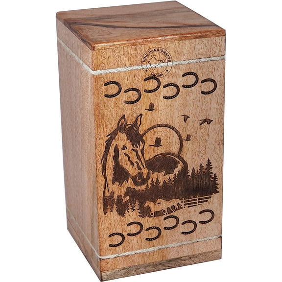 Handcrafted Wooden Urns for Human Ashes Adult Large - Rising Sun Cremation Urn for Ashes -Burial Urn for Columbarium - Funeral Urn Box (250 LB - Hardwood, Horse-1)