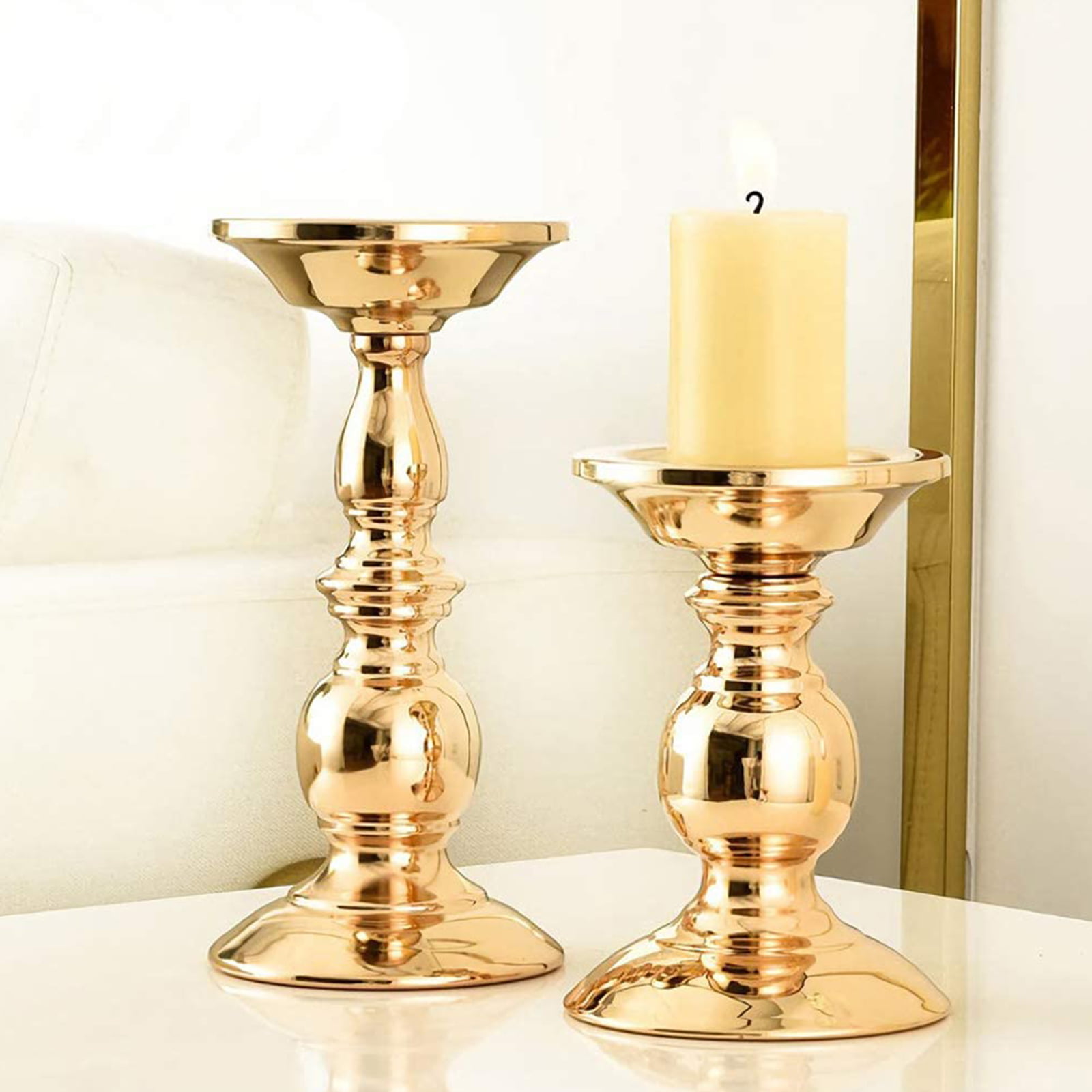 2 Black Balls Clear K9 Crystal Glass Pillar Candle Holder Taper Candle Stand Candlesticks with Gold Flat Weighted Base 