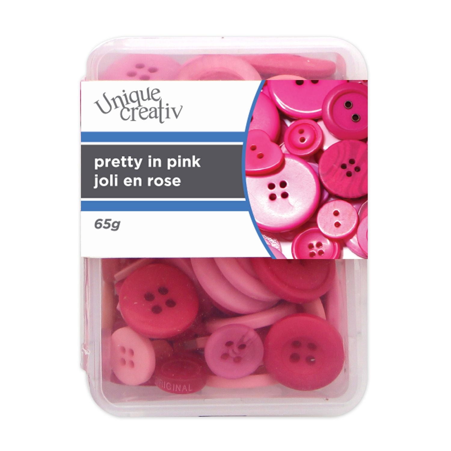 UNIQUE Creativ Boîte de boutons, rose — formats assortis, 65 g (boîte transparente réutilisable)