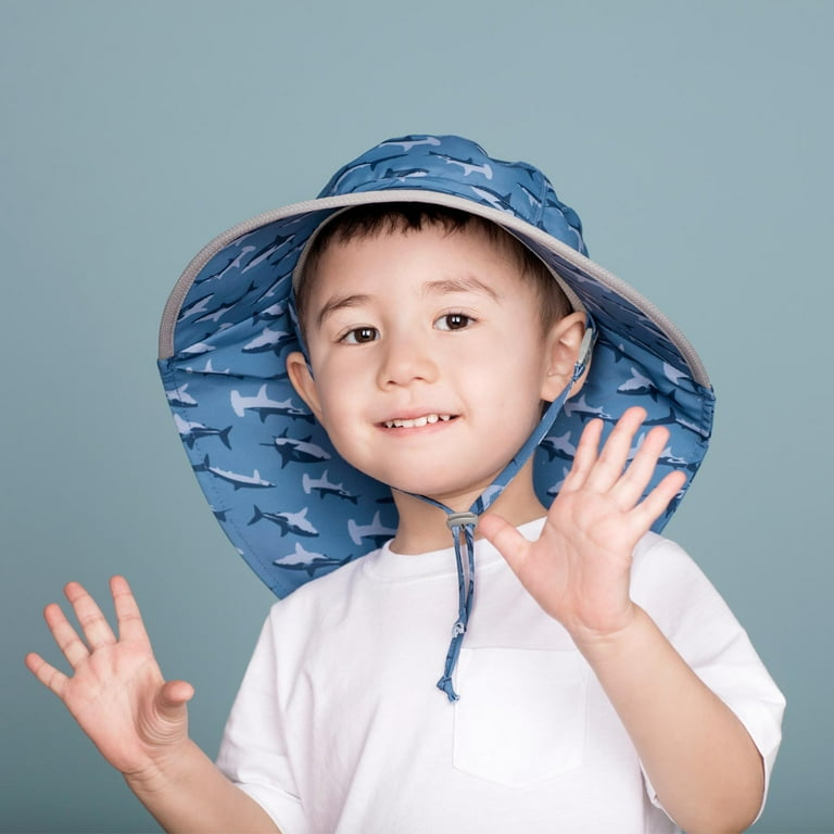 Jan & Jul Toddler Sun Hat for Girls Boys, 50+ UPF, Quick Dry (S: 0-6  Months, Shark with Navy Trim)