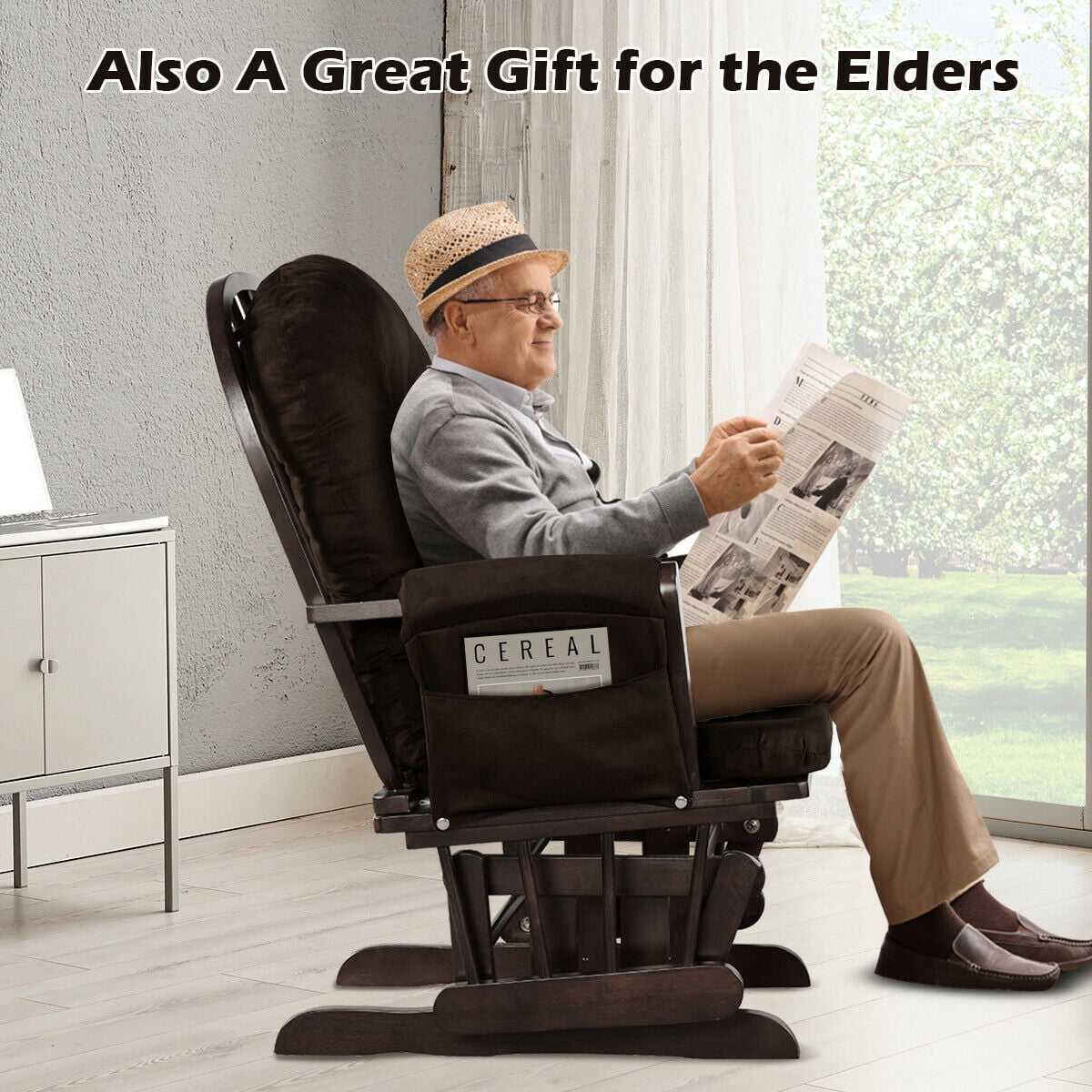 Costway Glider and Ottoman Cushion Set Wood Baby Nursery Rocking Chair Brown