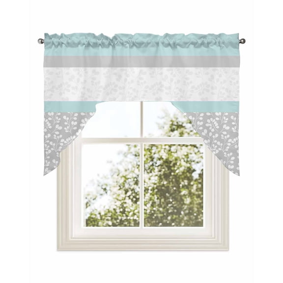 Aqua Grey Kitchen Curtains Swag Valance for Windows/Bathroom/Cafe, Chic Garden Floral Stripe Embroidery Design Rod Pocket Drape Panel Swag Curtains Valance for Bedroom/Living Room 56"x36"