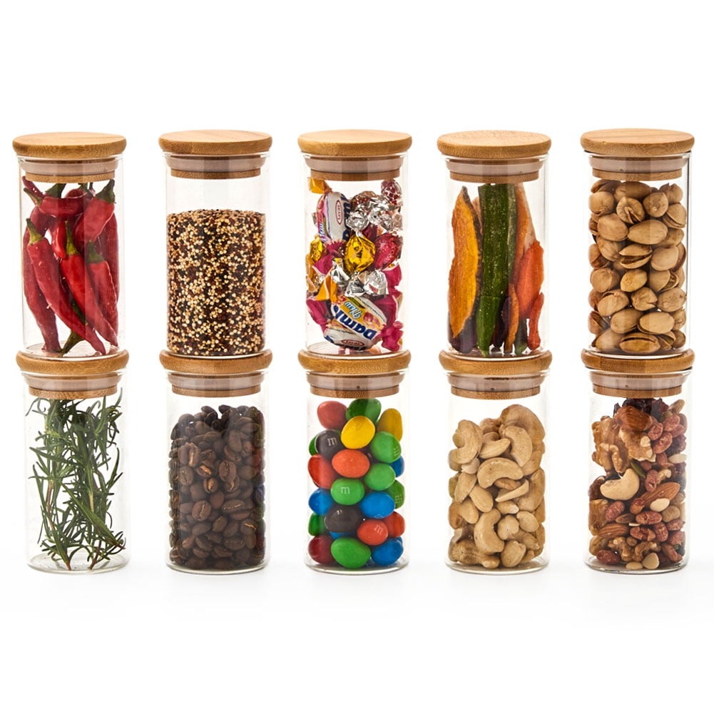  EZOWare 20pc Spice Jars, 5oz Bottle Clear Glass Canister Set  with Cork Lid, Round Decorative Reusable Vial Storage Containers for Herbs,  Teas, Seasonings, Party Favors, Candy (150ml) : Home & Kitchen