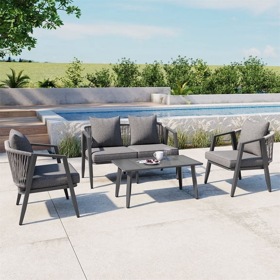 YIORTWO 4-Piece Outdoor Patio Furniture Set, Iron Frame Bistro Set with Cushioned Seating, Includes Table & Bench, for Garden, Poolside, Balcony - Gray
