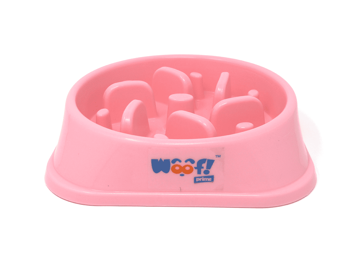 Woof! Prime Slow Feed Dog Bowl With Funny Puzzle Insert Pink Color